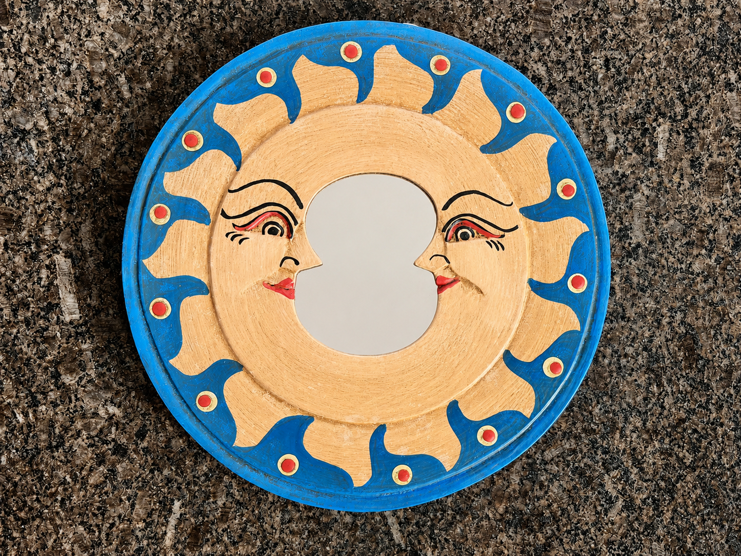 Hand-Carved Wooden Sun & Moon Wall Mirror – 15cm Rustic Boho Wall Décor