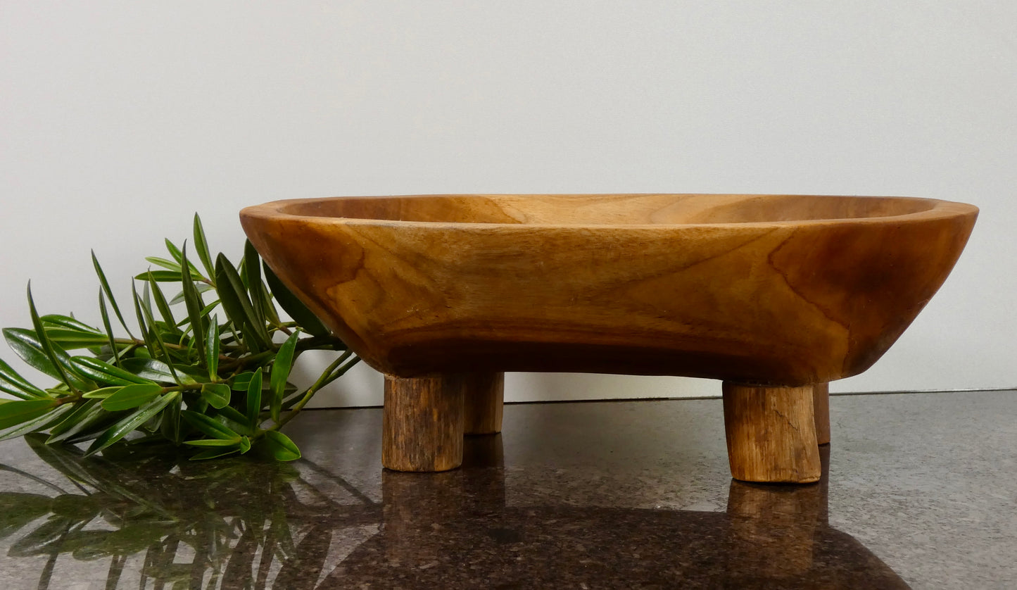 Solid Wood Footed Bowl with Four Feet | Handcrafted Wooden Centerpiece Bowl | Rustic Home Decor | 31 x 24.5 cm