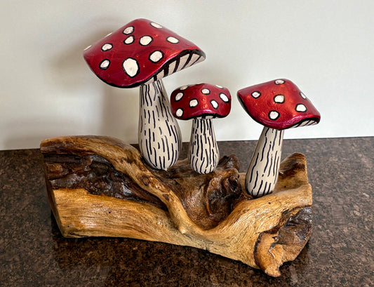 Hand-Painted Toadstool Trio on Wood Base