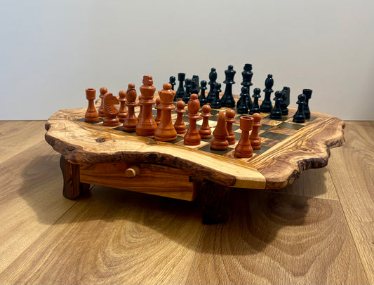 Handmade Olive Wood Chess Set with Storage Drawer - Elegant, Rustic, and Functional.