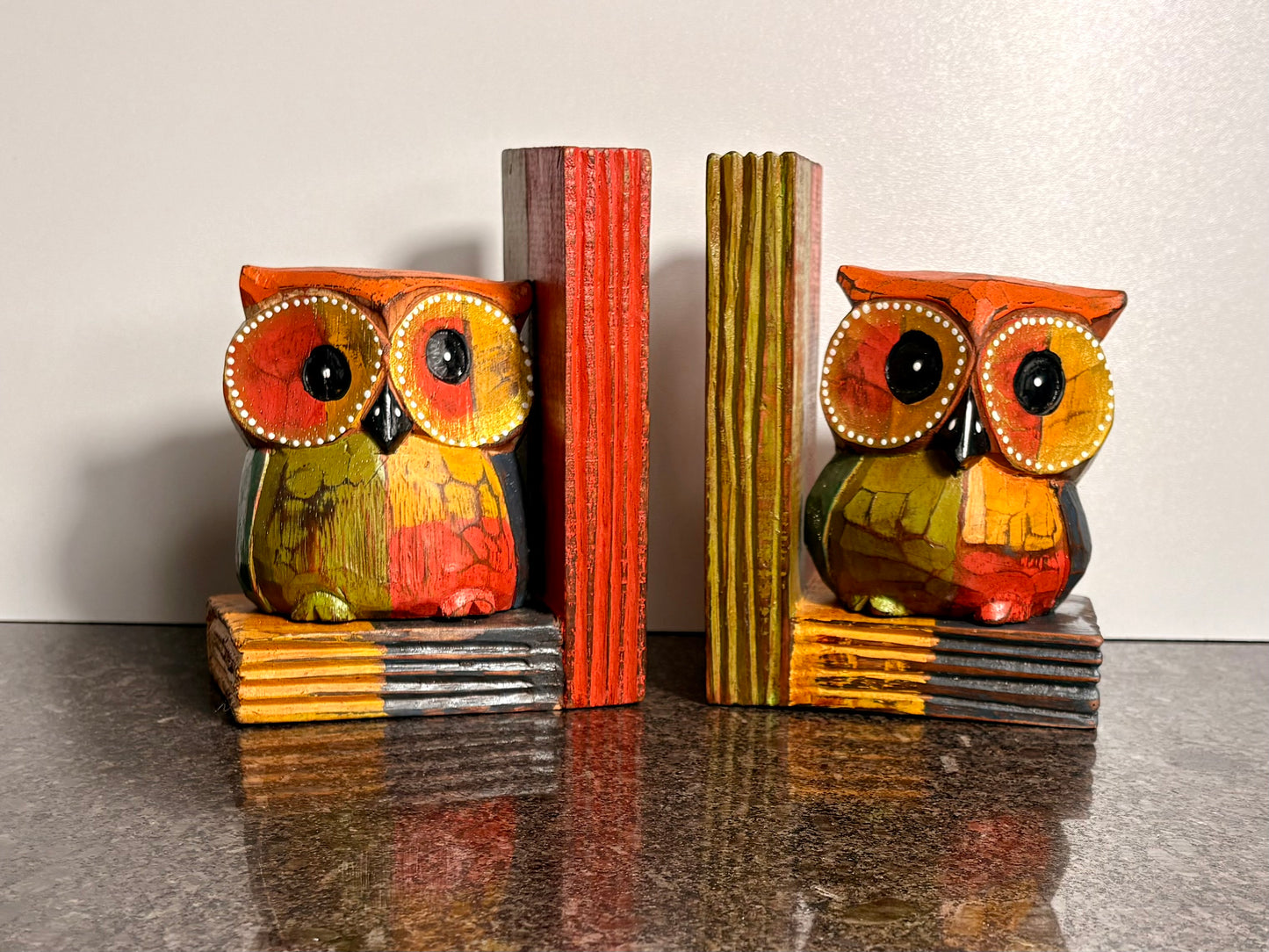 Hand-Carved Wooden Owl Bookends – Colorful Rustic Decorative Book Ends