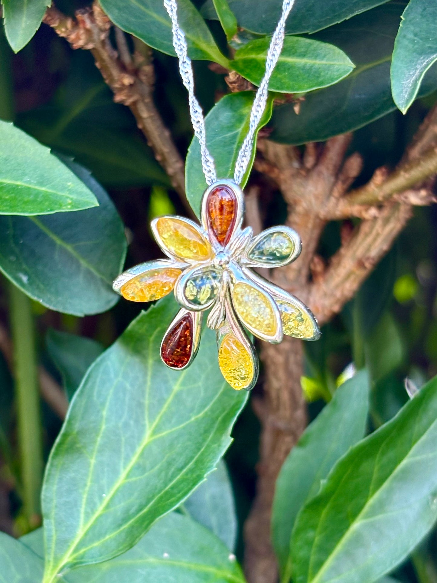 Sterling Silver Baltic Amber Dragonfly Pendant Necklace – Multicolour Genuine Amber, 18" Sterling Silver Chain