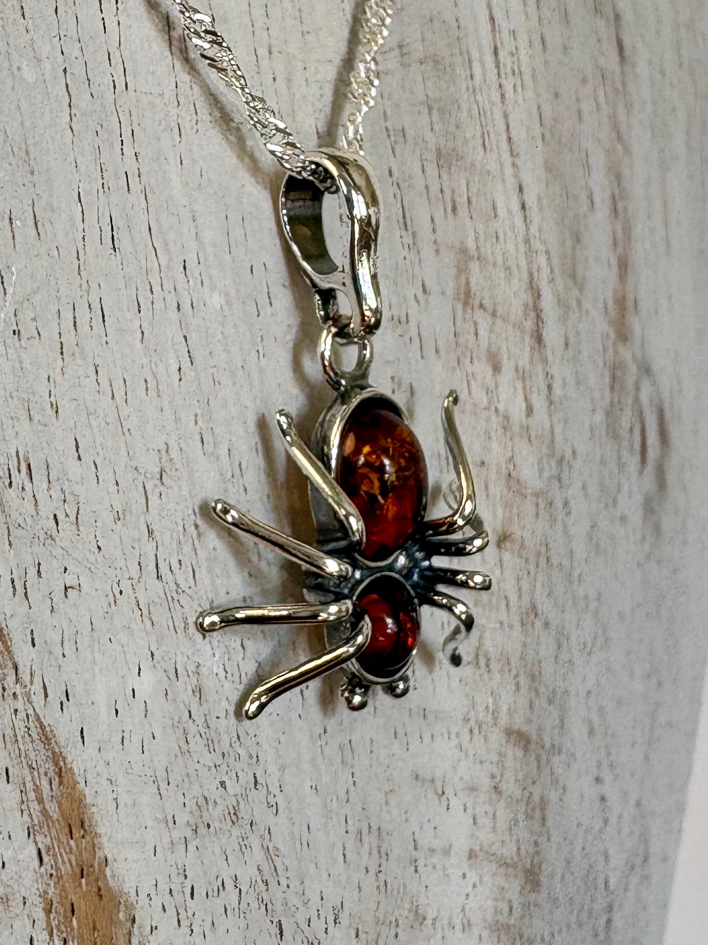 Sterling Silver Baltic Amber Spider Pendant Necklace – Genuine Amber with 18" Sterling Silver Chain