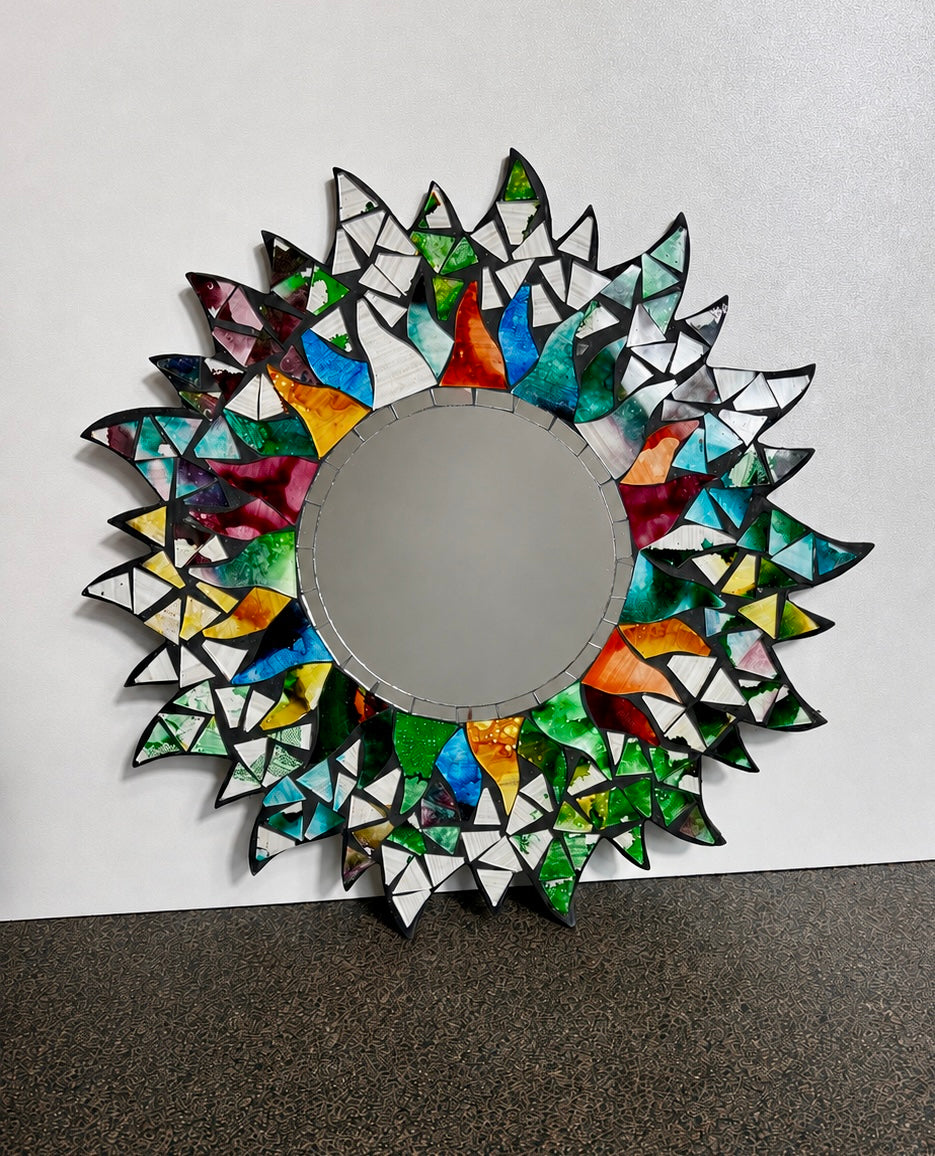 30cm Handmade Stained Glass Mosaic Sunburst Mirror