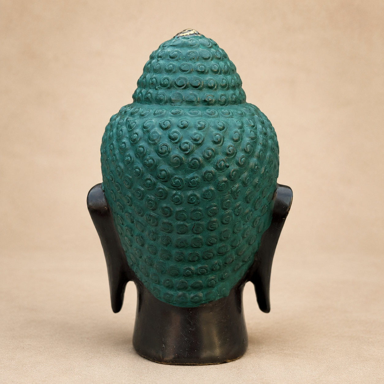 Brass Buddha Head Ornament with Teal Patina – 14.5 cm