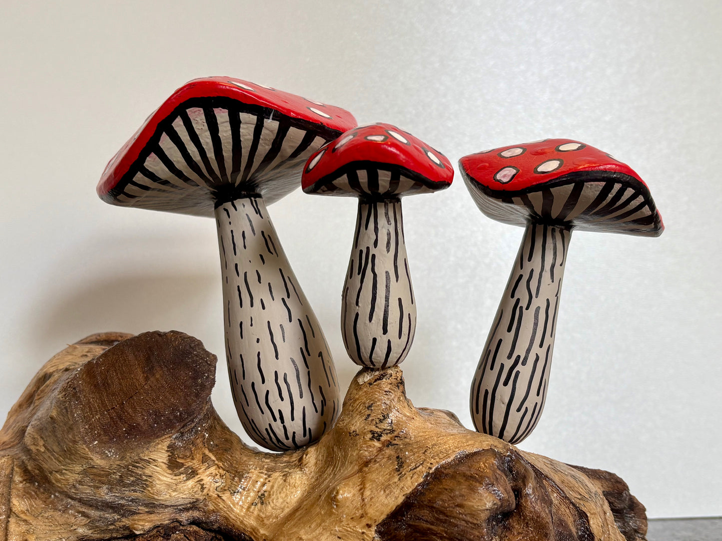 Hand-Painted Toadstool Trio on Wood Base