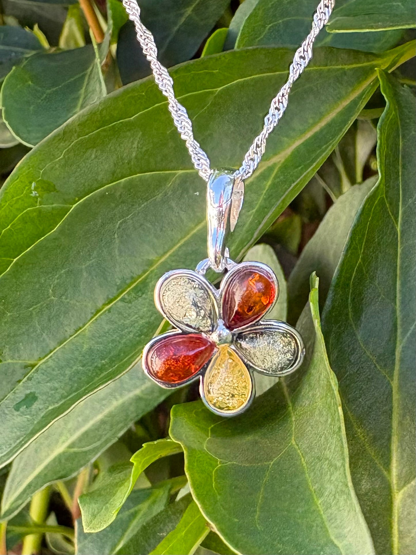 Sterling Silver Baltic Amber Flower Pendant Necklace – 18" Chain
