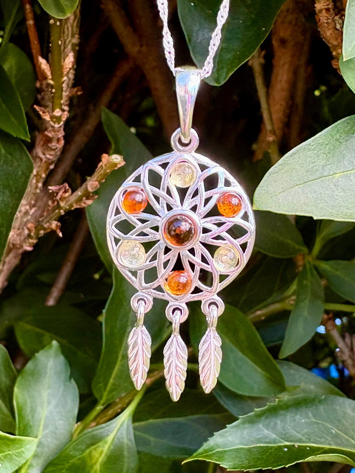 Sterling Silver Amber Dreamcatcher Pendant with 18" Chain