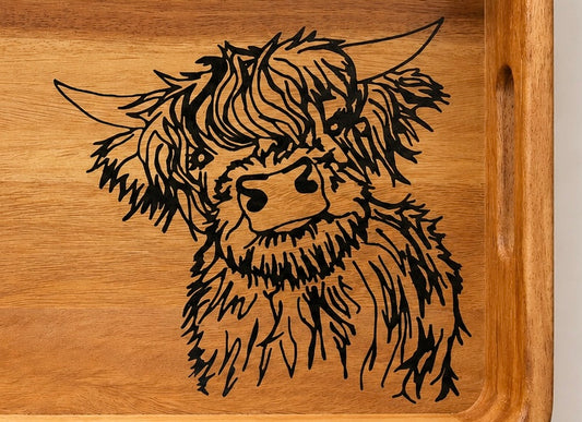 Hand-Painted Highland Cow Wooden Serving Tray