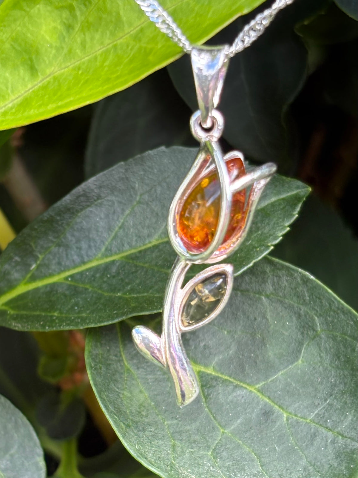 Sterling Silver Amber Rose Shaped Pendant with 18" Sterling Silver Chain
