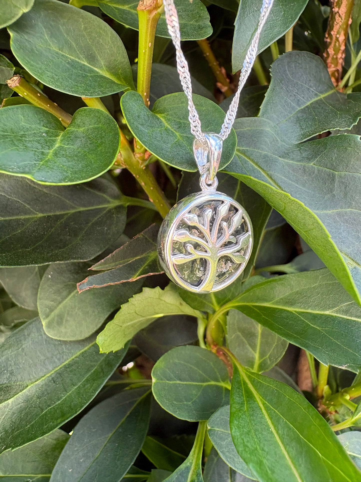 Sterling Silver Green Baltic Amber Tree of Life Pendant Necklace – Genuine Amber, 18" Sterling Silver Chain
