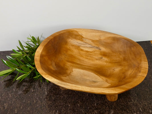 Solid Wood Footed Bowl with Four Feet | Handcrafted Wooden Centerpiece Bowl | Rustic Home Decor | 31 x 24.5 cm