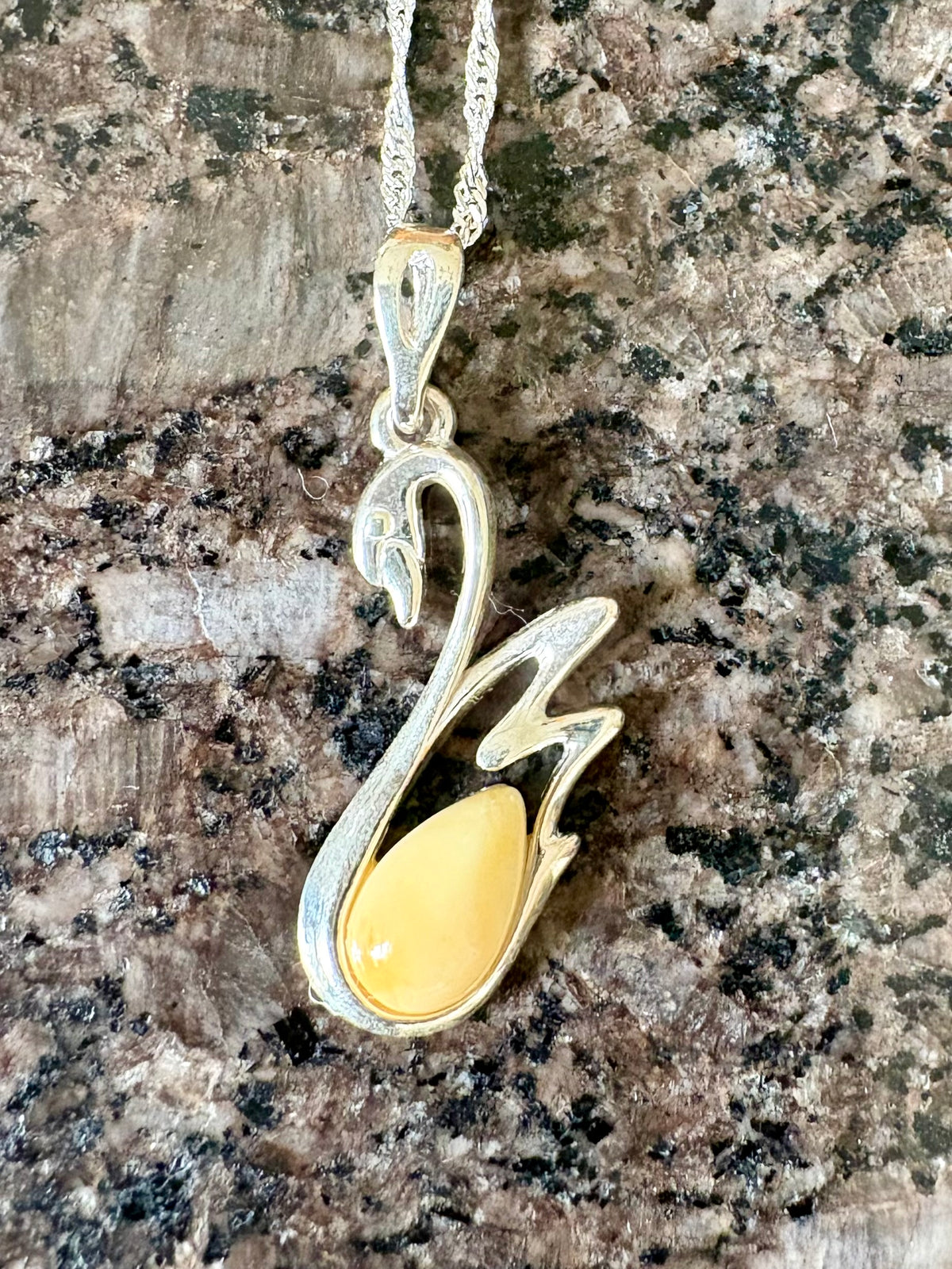 Sterling Silver Swan Pendant with Genuine Honey Amber & 18" Sterling Silver Chain