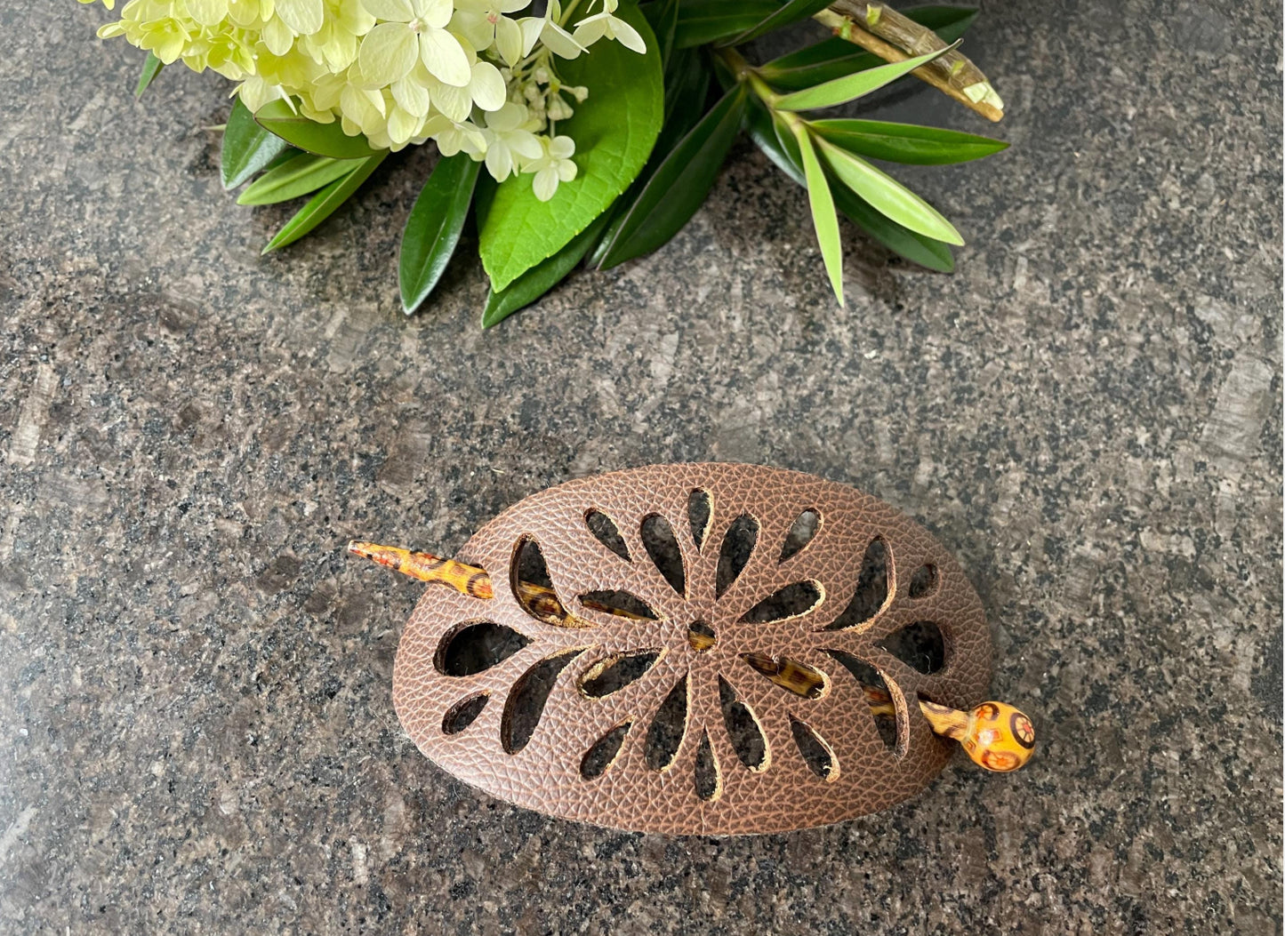 Leather Hair Barrette, Hair Clip, Hair clasp with Stick, kids hair, Unique One Off Gift