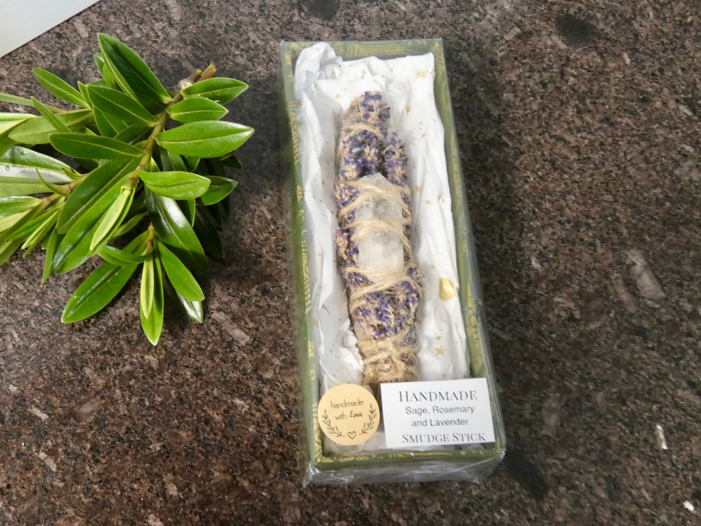 Sage Smudge Stick with lavender and clear quartz