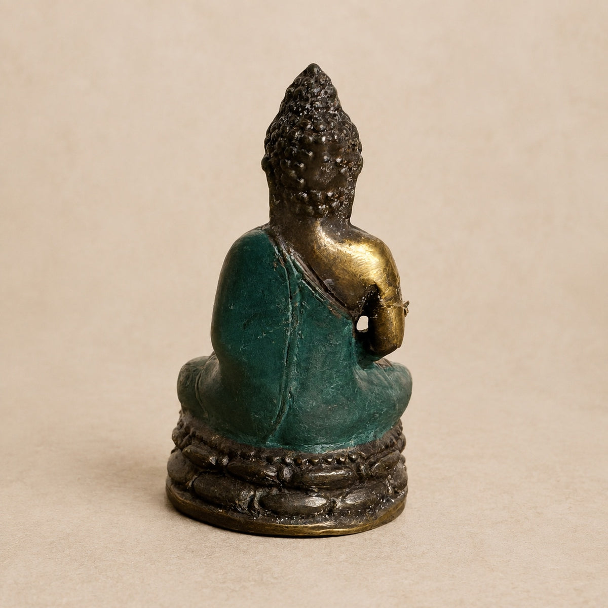 Small Seated Brass Buddha Statue with Teal Finish – 6 cm