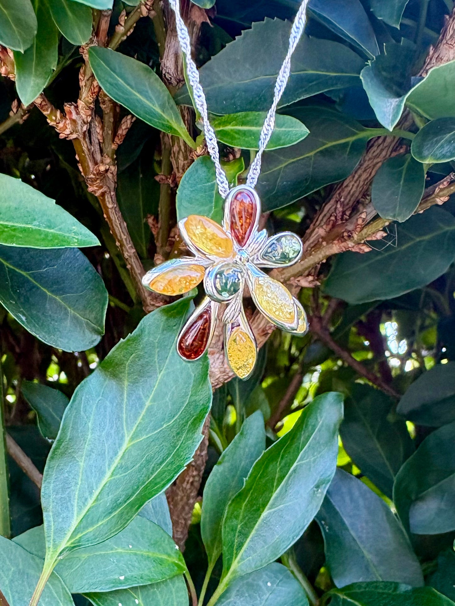 Sterling Silver Baltic Amber Dragonfly Pendant Necklace – Multicolour Genuine Amber, 18" Sterling Silver Chain