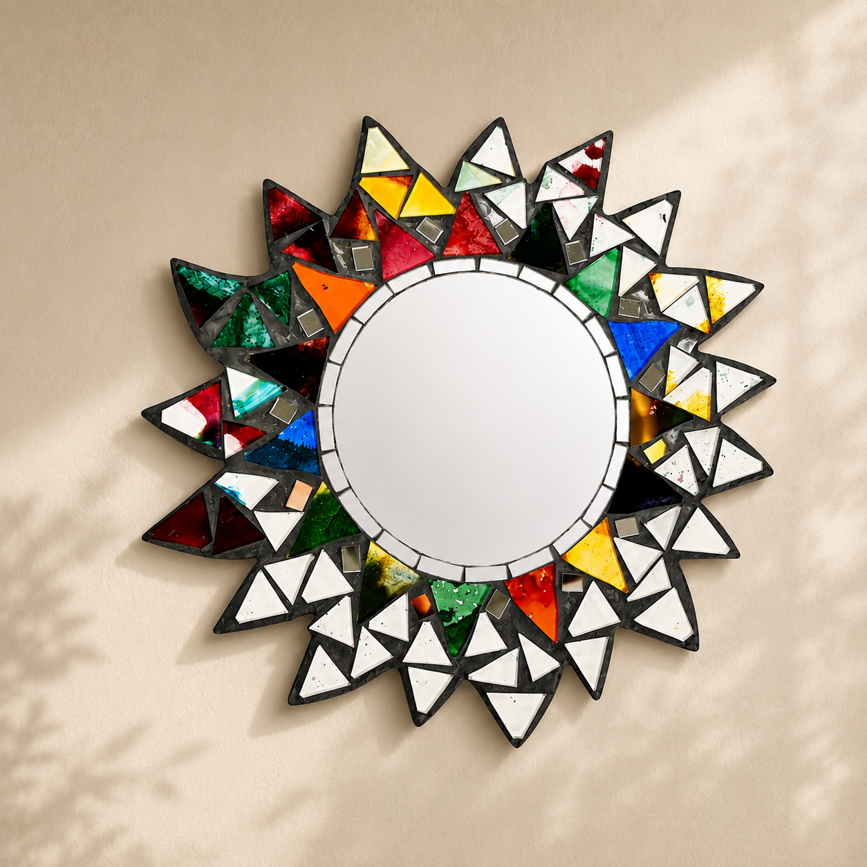 Handmade 20cm Stained Glass Mosaic Sunburst Mirror | Colourful Decorative Wall Mirror