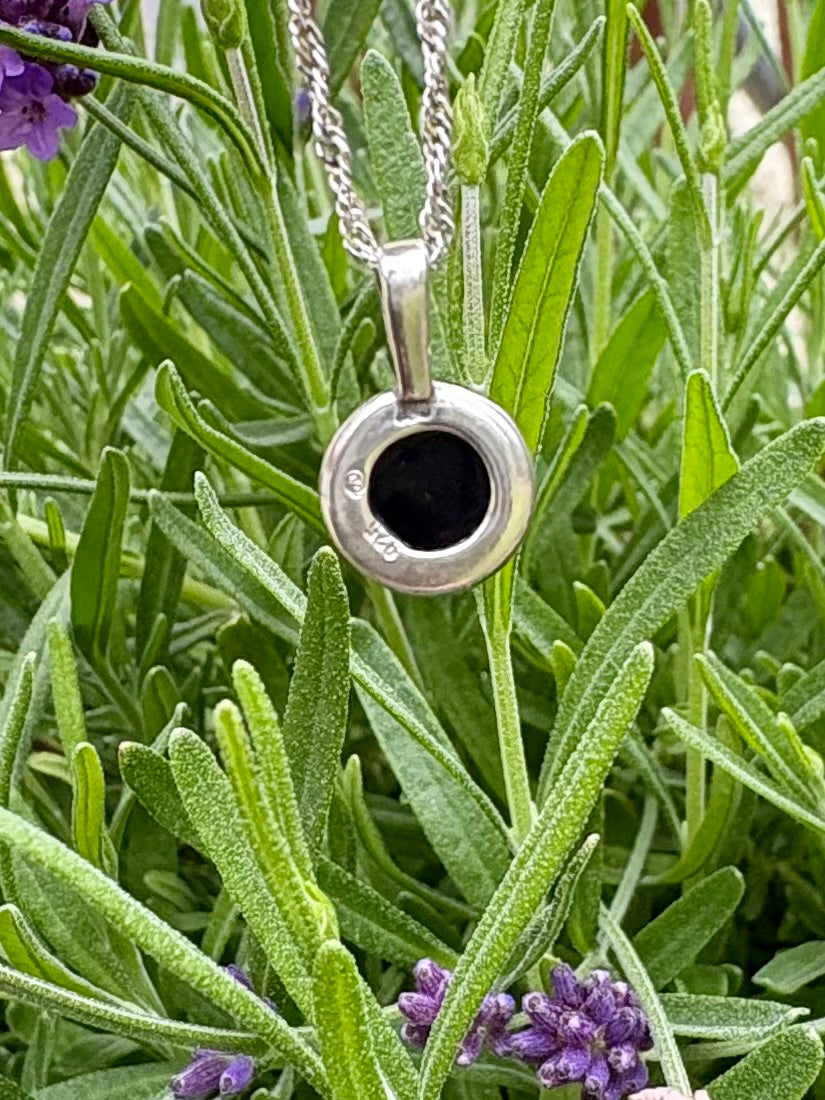 Small Round Amber Sterling Silver Pendant with Sterling Silver Chain.