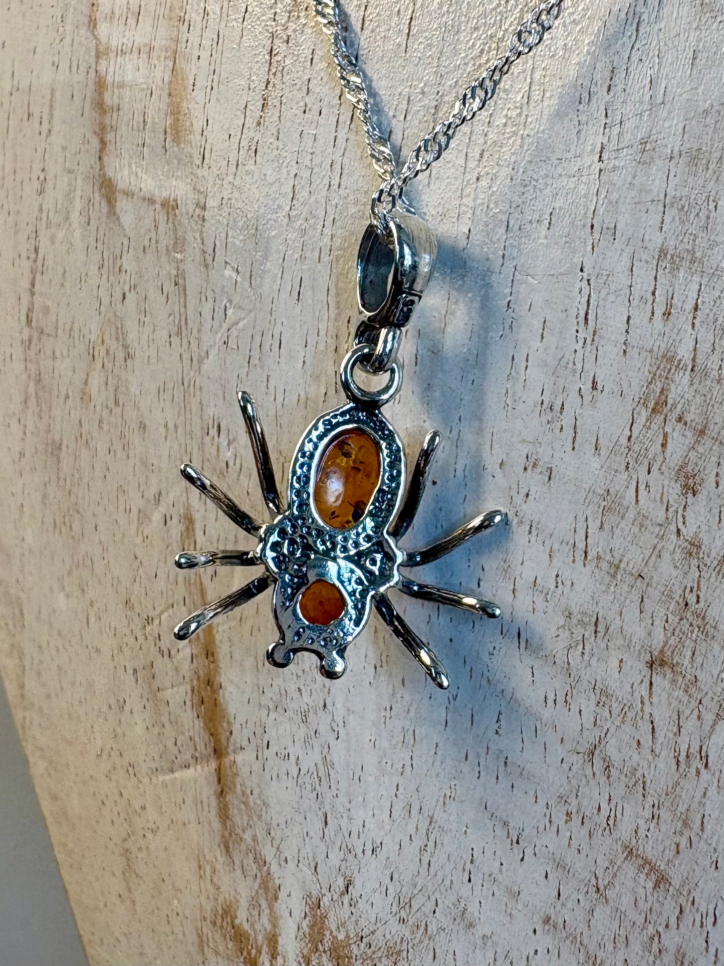 Sterling Silver Baltic Amber Spider Pendant Necklace – Genuine Amber with 18" Sterling Silver Chain