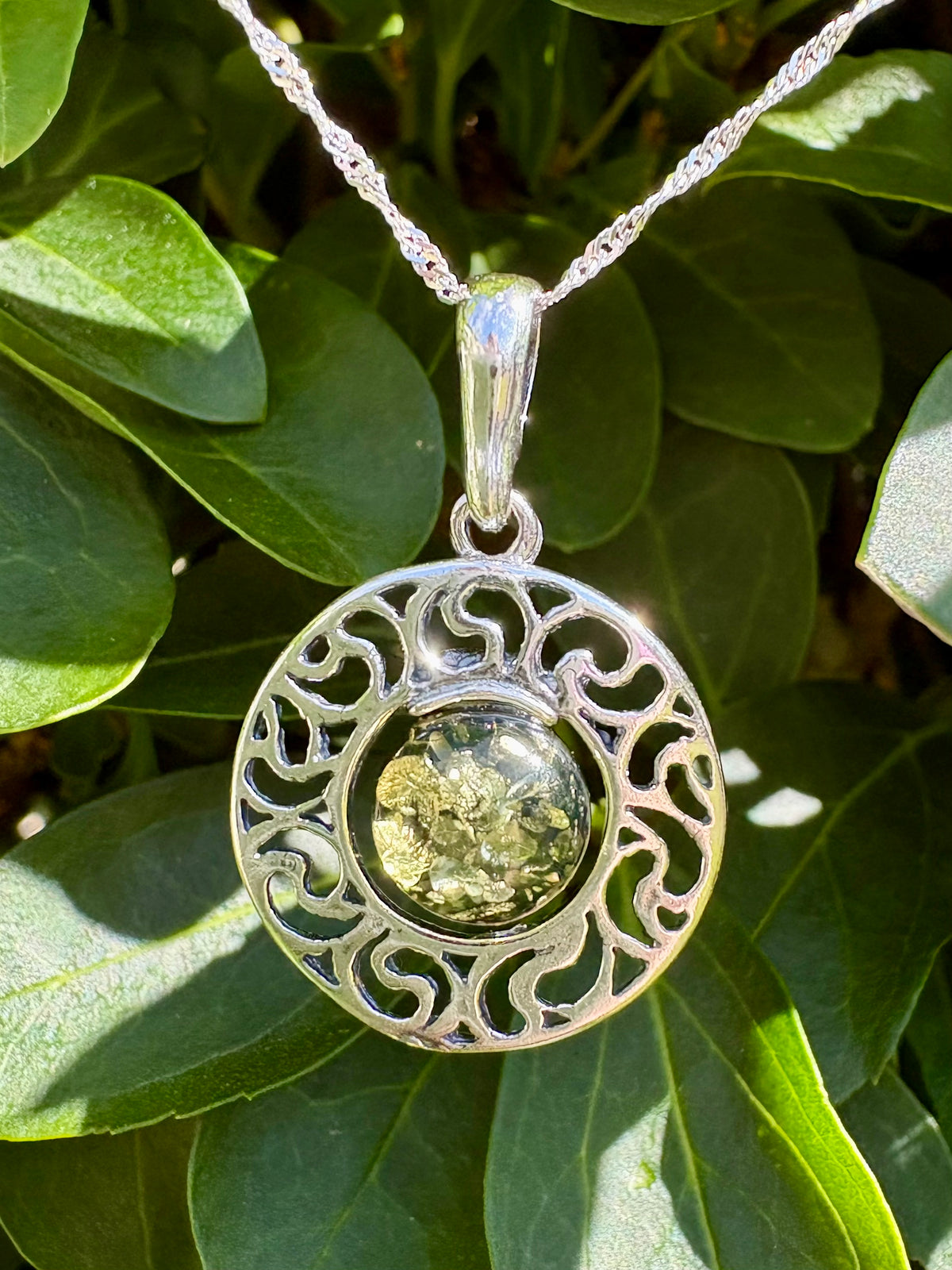 Sterling Silver Green Amber Filigree Pendant with 18" Chain