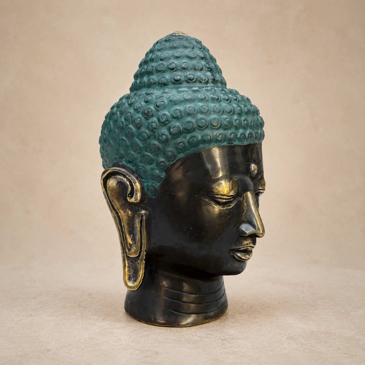 Brass Buddha Head Ornament with Teal Patina – 14.5 cm