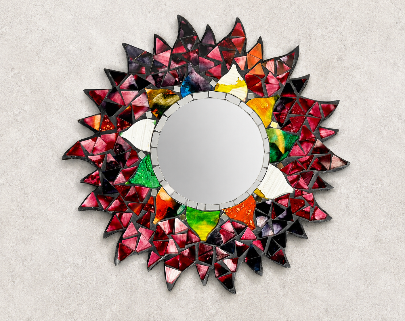 Handmade 30cm Stained Glass Mosaic Sunburst Mirror | Colourful Decorative Wall Mirror