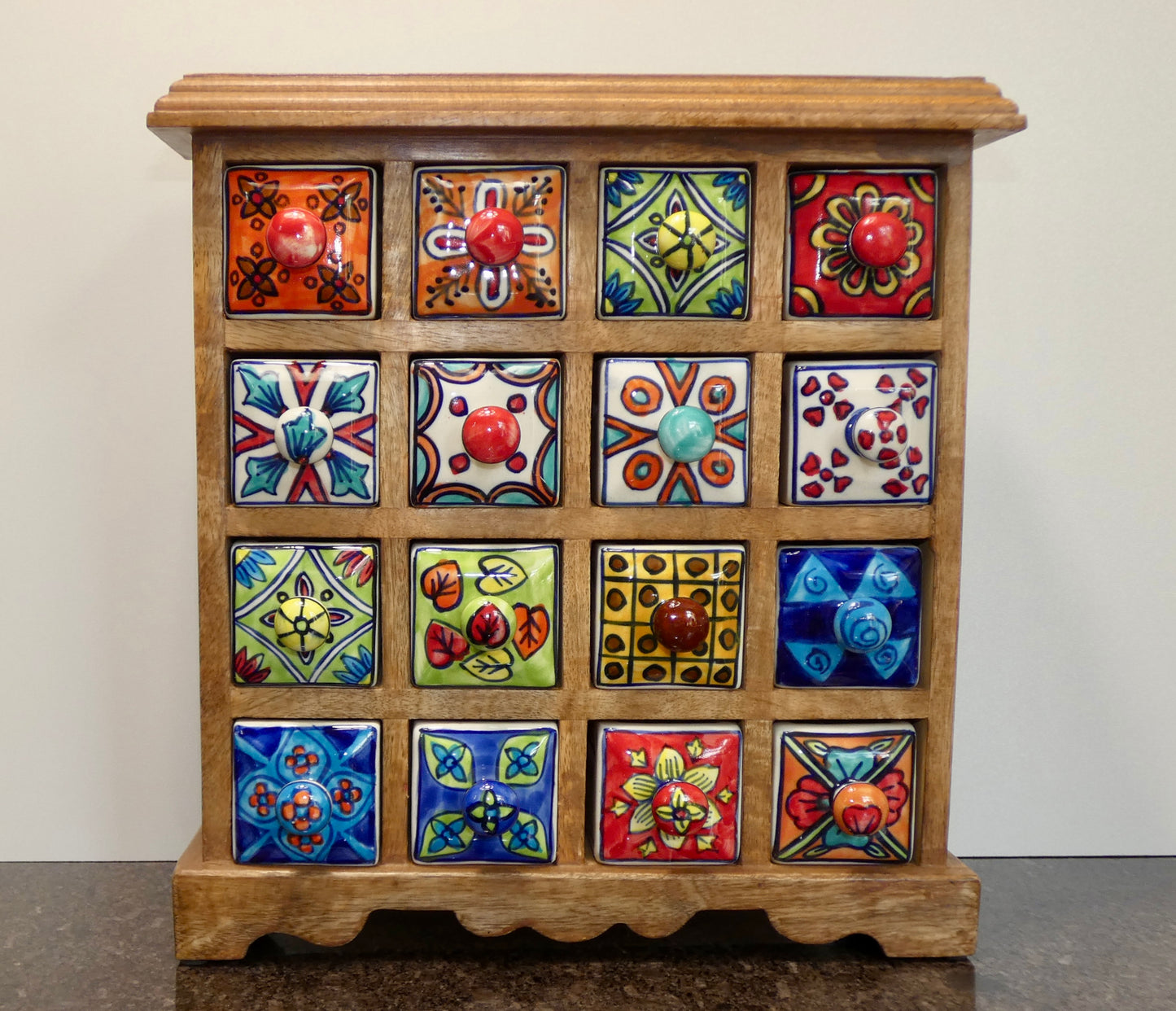 16 Drawer Ceramic Storage Chest, Mango Wood / jewellery / spices