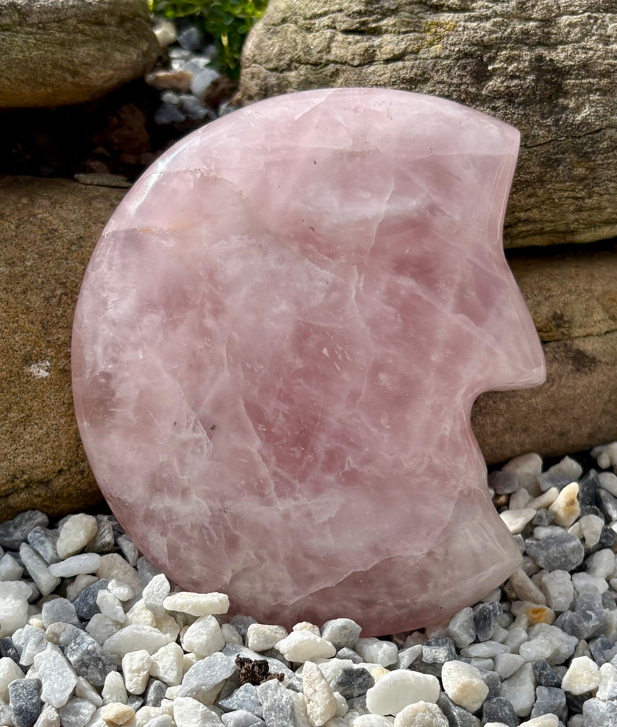 Rose Quartz Crescent Moon Face Carving – Approx. 9 cm