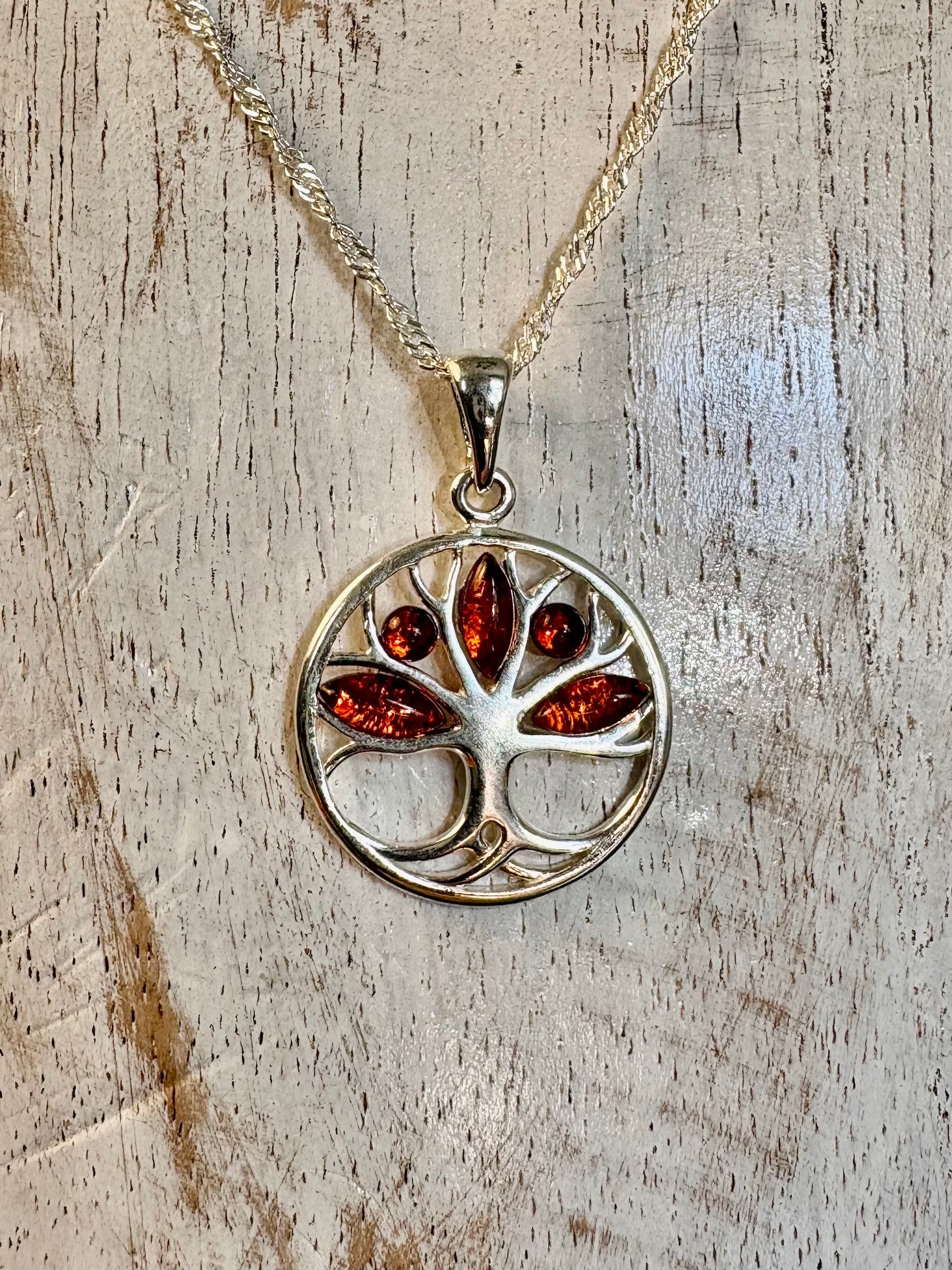 Sterling Silver Baltic Amber Tree of Life Pendant Necklace – Genuine Amber, 18" Sterling Silver Chain