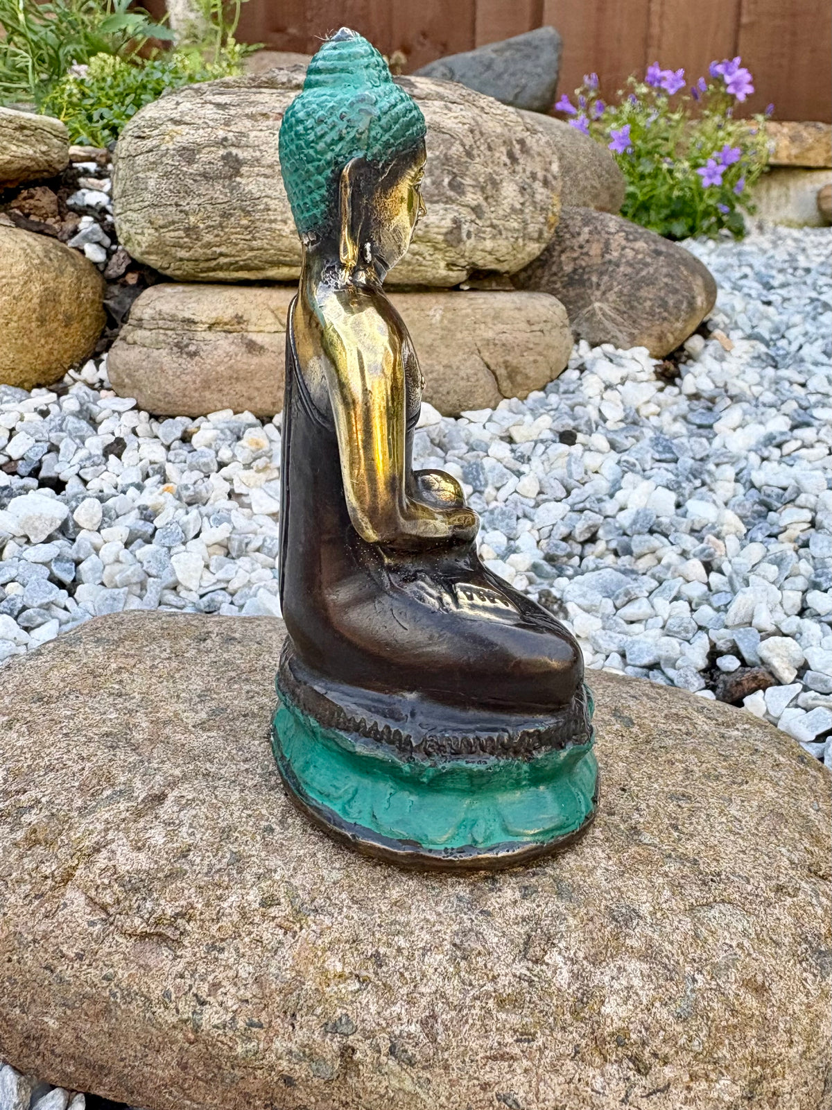 Seated Brass Buddha Statue with Teal Patina – 10 × 5 cm