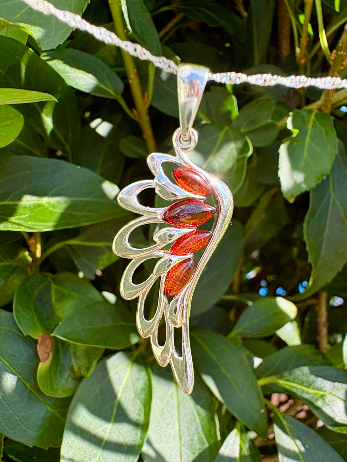 Sterling Silver Baltic Amber Angel Wing Pendant Necklace – Multicolour Genuine Amber, 18" Sterling Silver Chain