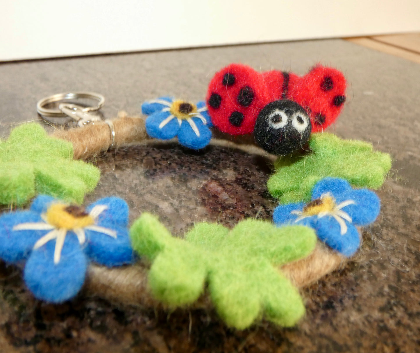 Handmade Felt Ladybug and Flowers Wreath Keychain
