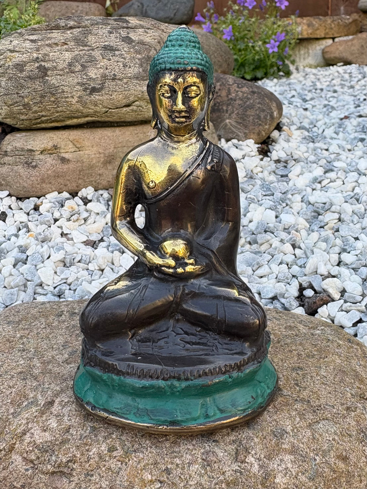 Seated Brass Buddha Statue with Teal Patina – 10 × 5 cm