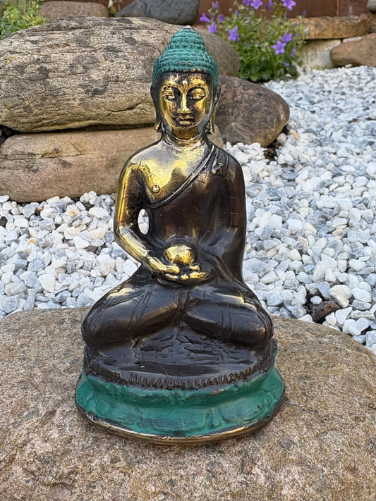 Seated Brass Buddha Statue with Teal Patina – 10 × 5 cm