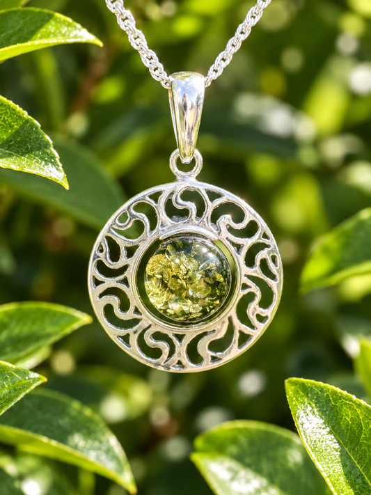 Sterling Silver Green Amber Filigree Pendant with 18" Chain