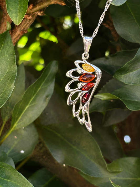 Sterling Silver Baltic Amber Angel Wing Pendant Necklace – Multicolour Genuine Amber, 18" Sterling Silver Chain