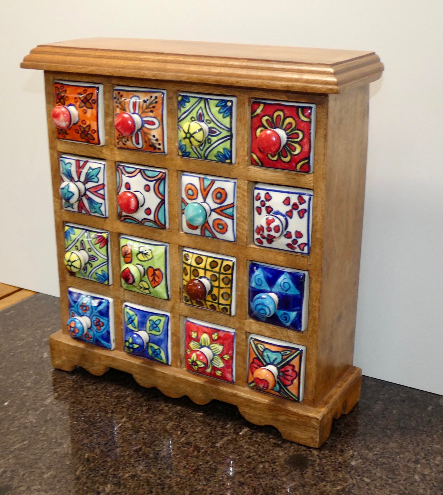 16 Drawer Ceramic Storage Chest, Mango Wood / jewellery / spices