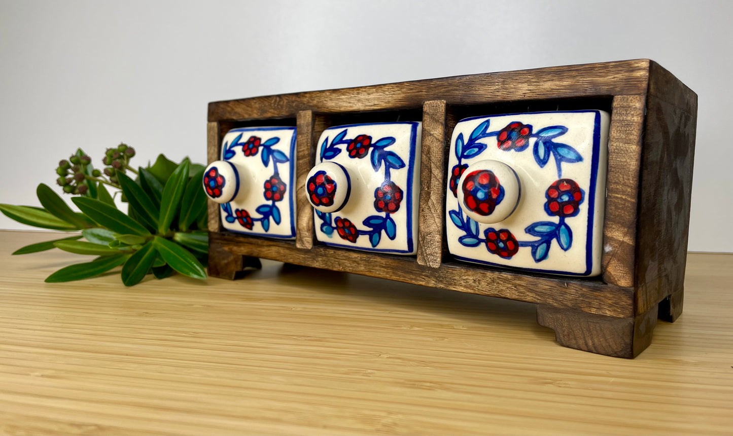 Wooden mini chest, 3 ceramic drawers.