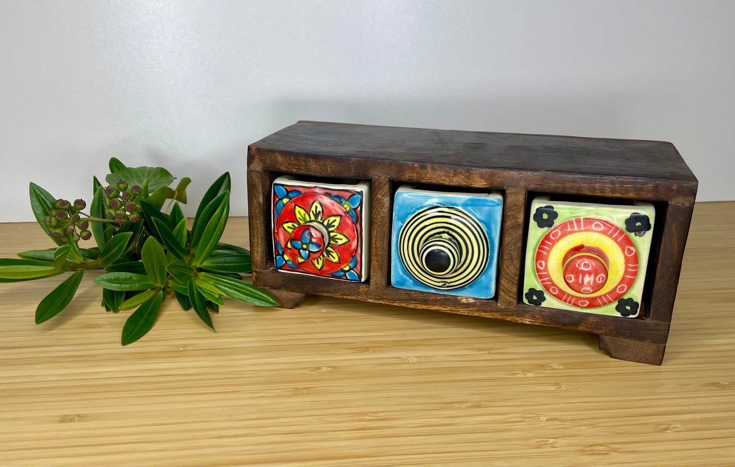 Wooden mini chest, 3 ceramic drawers.