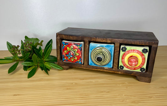Wooden mini chest, 3 ceramic drawers.