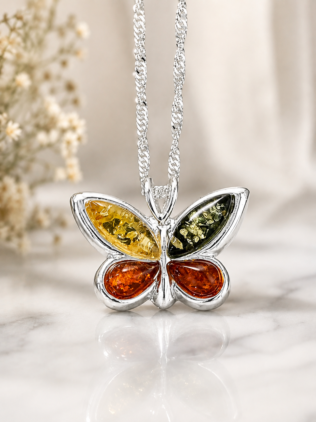 Sterling Silver Baltic Amber Butterfly Necklace – 18" Chain