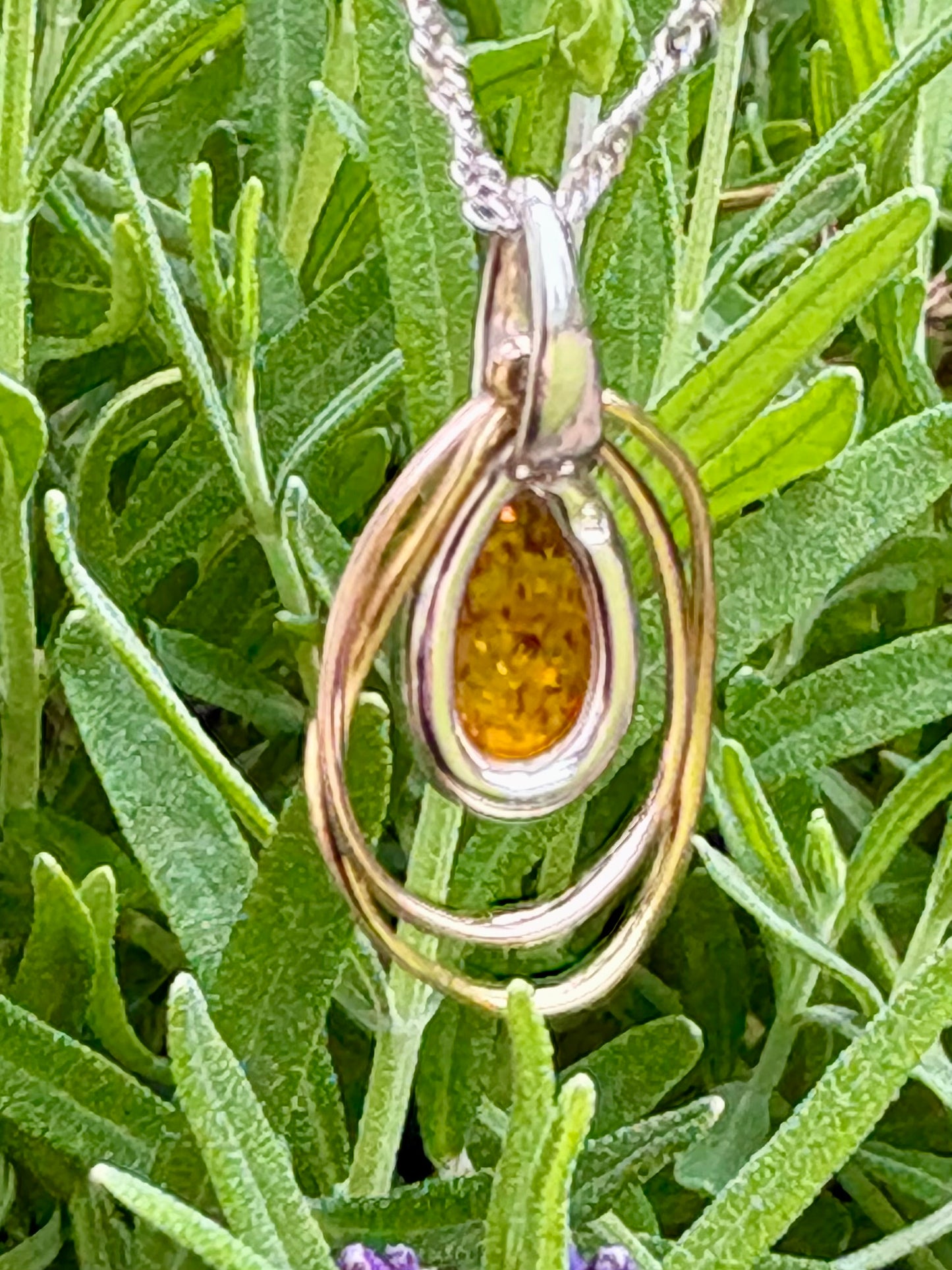 Sterling Silver Amber Pendant with Yellow and Rose Gold Plate Accents
