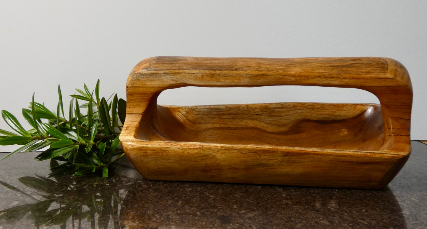 Artisan Solid Wood Decorative Bowl / Basket with handle