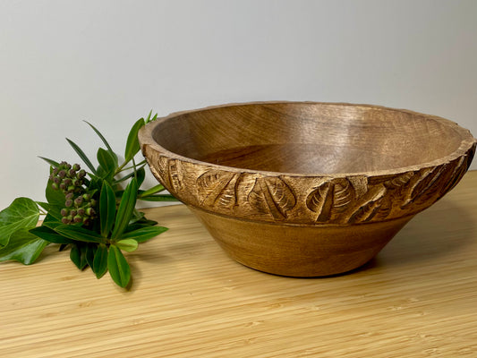 Natural Mango Wood Fruit Bowl with carved leaf detail.