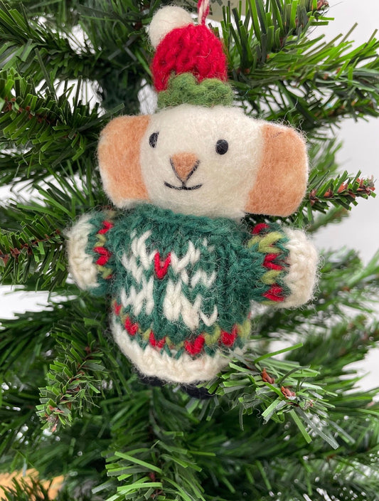 Felt Christmas Mouse Decoration – Festive Mouse in Knitted Jumper & Bobble Hat – Hanging Tree Ornament