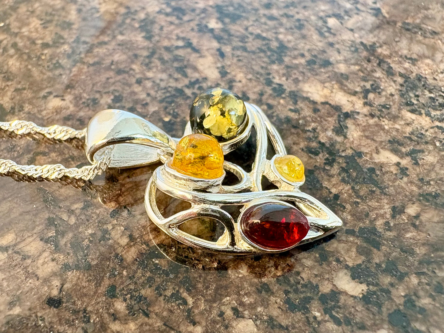 Sterling Silver Mixed Baltic Amber Heart Pendant Necklace