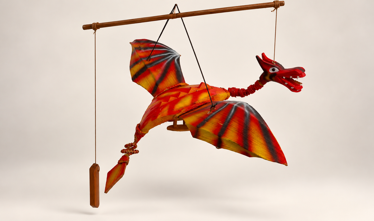 Red Coconut Shell Flying Dragon – Handcrafted Hanging Decoration / Puppet