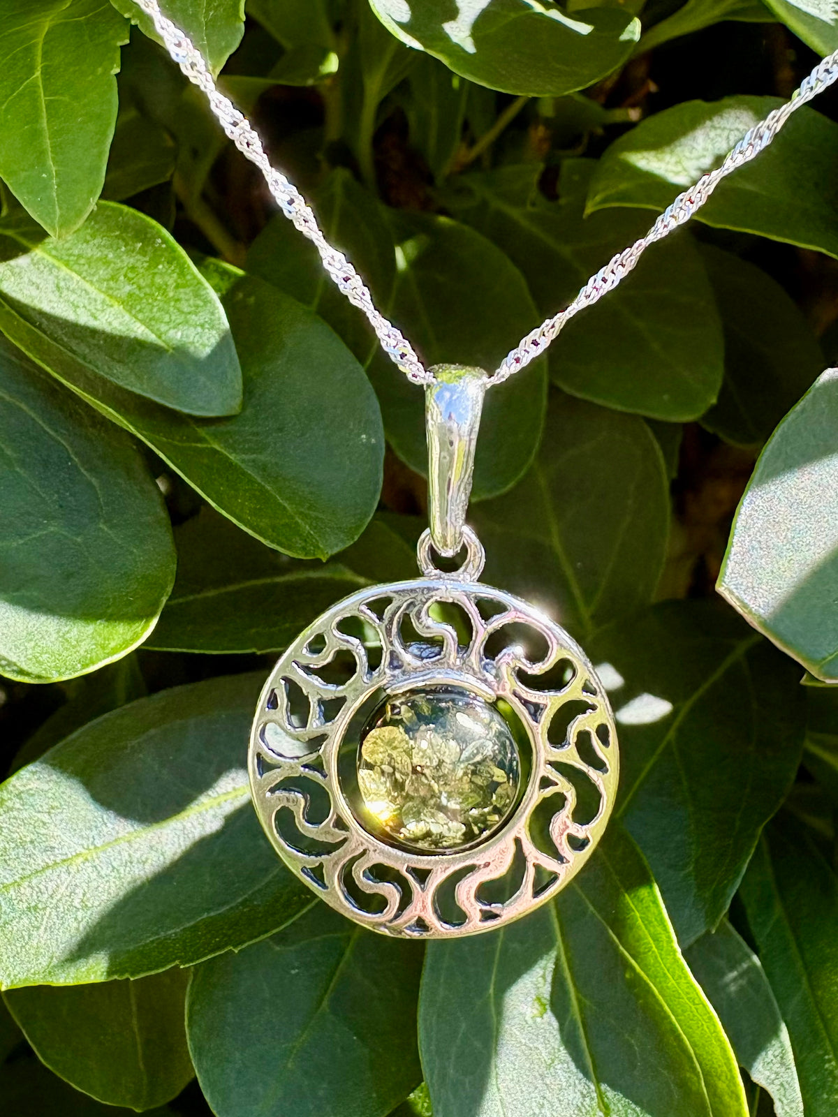 Sterling Silver Green Amber Filigree Pendant with 18" Chain