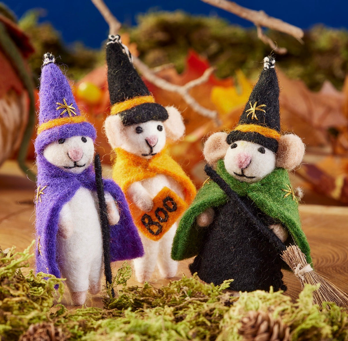 Needle Felted Halloween Mice – Hand-Crafted Witch & Wizard Mouse Decorations